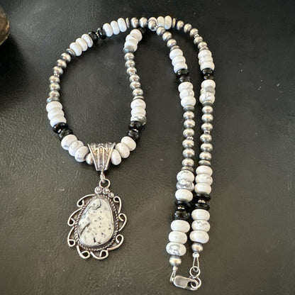 White Buffalo Turquoise Pendant Howlite Navajo Sterling Silver Necklace 24”18724