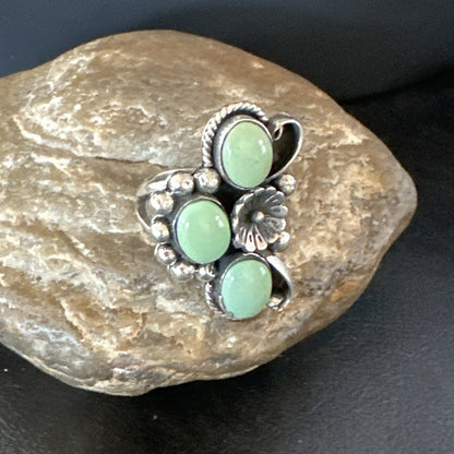 Yazzie Ring Green Turquoise Navajo Sterling Silver Cluster Size 9 19209