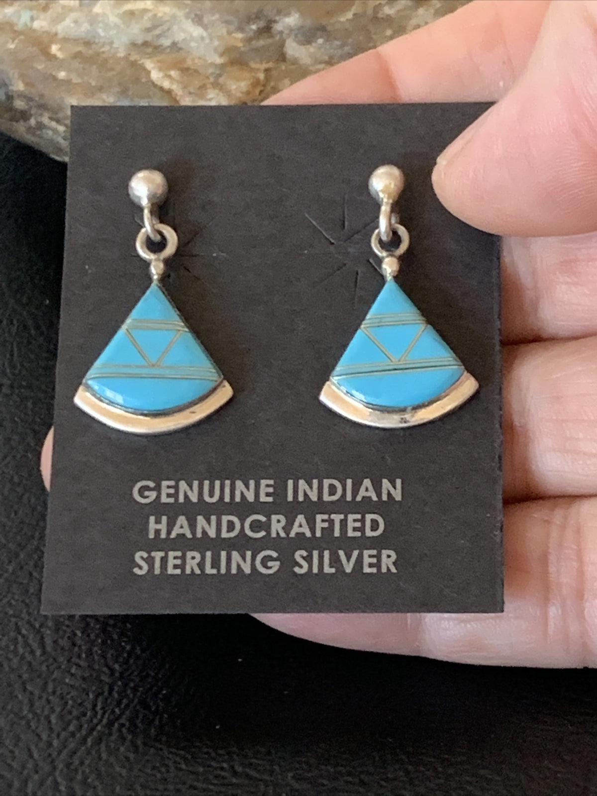 Blue Turquoise Inlay Zuni Sterling Silver Dangle Post Earrings 1" 12747