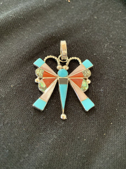 Turquoise Spiny & Mother Of Pearls Butterfly Sterling Silver Pin Pendant 01366