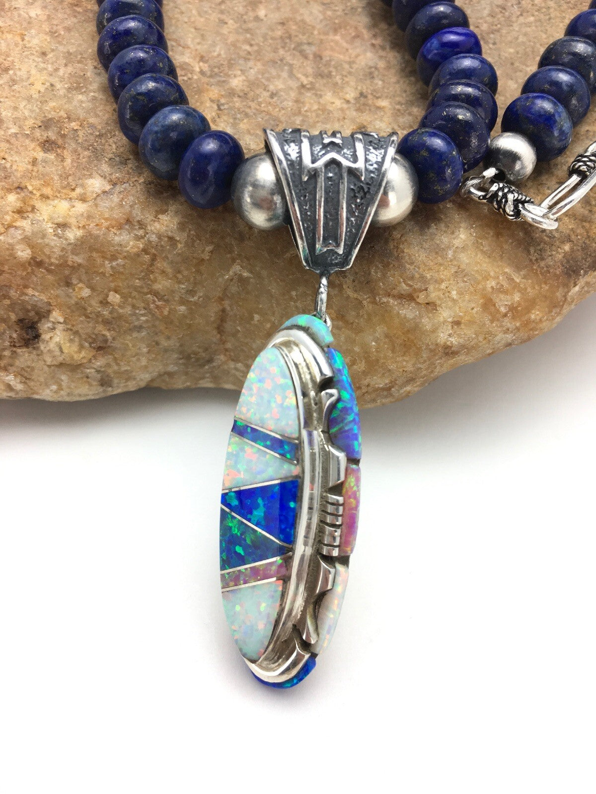 Opal Pendant Lapis Navajo Sterling Silver Necklace 02606