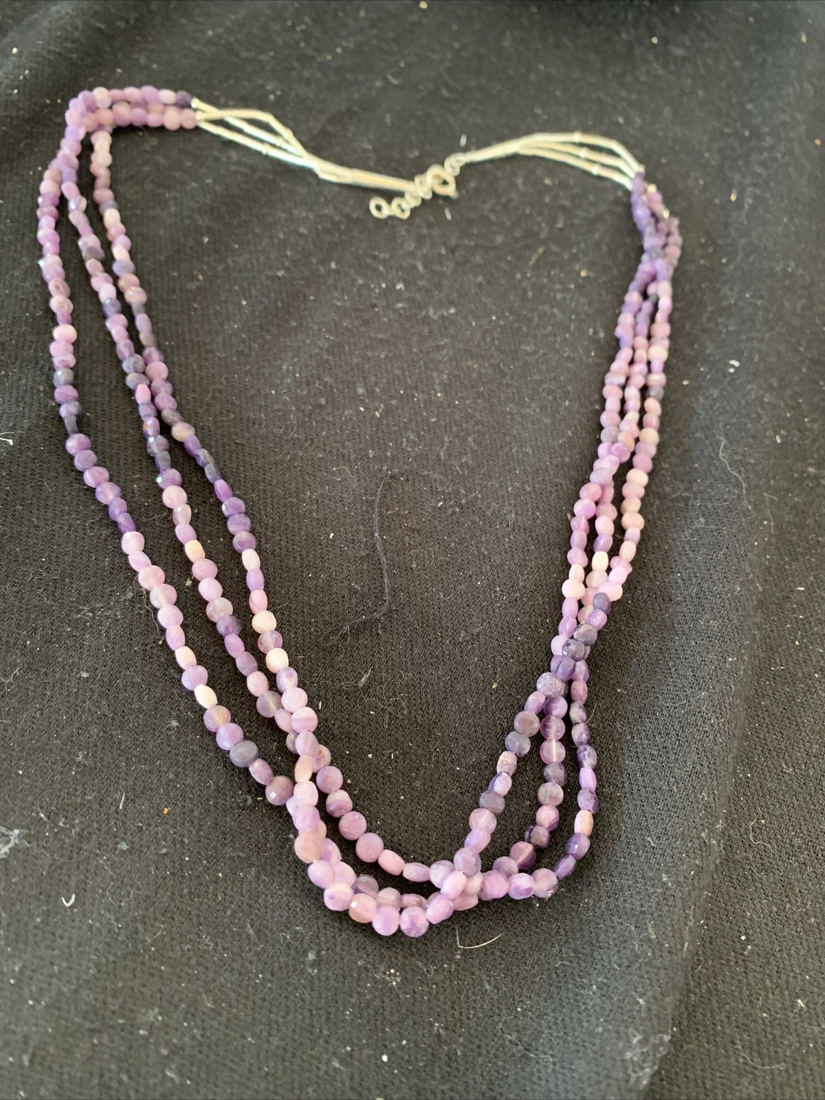 Purple Stone Beads Liquid Heishi 3 Strands Sterling Silver Tubes Necklace 850