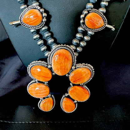 XL Orange Spiny Oyster Sterling Silver Squash Blossom Necklace 18134
