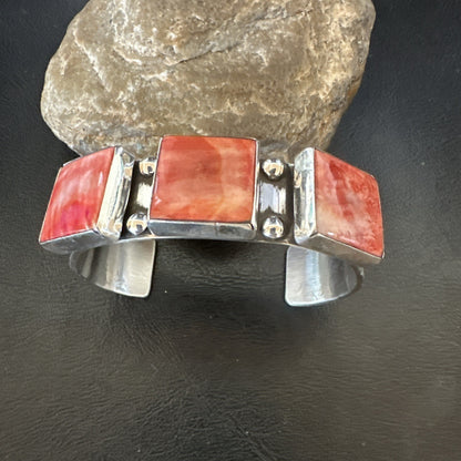 Red Spiny 3 Stone Sterling Silver Navajo Cuff Bracelet 7.7" 19487