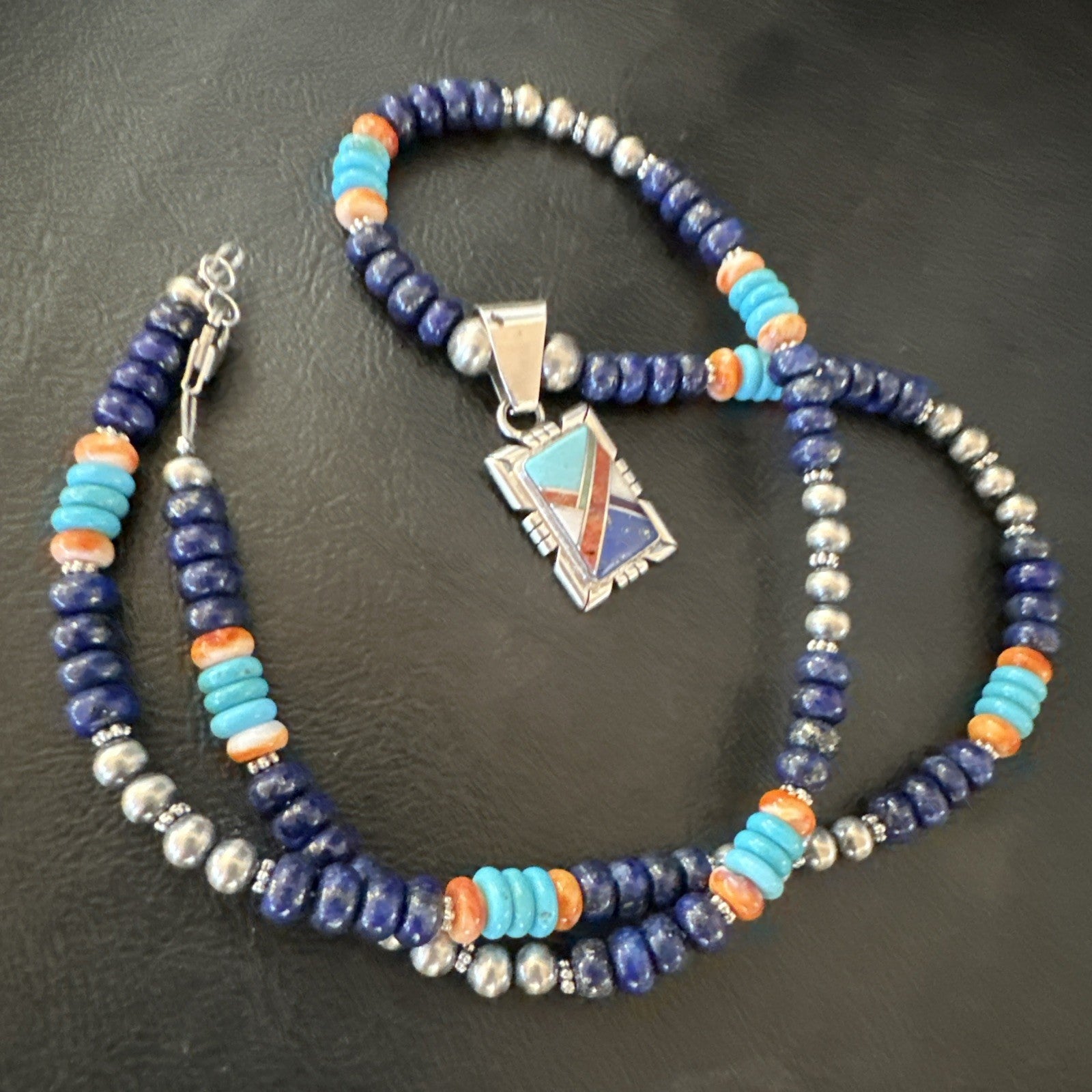 Multicolor Turquoise Coral Navajo Sterling Silver Inlay Pendant Necklace 19651