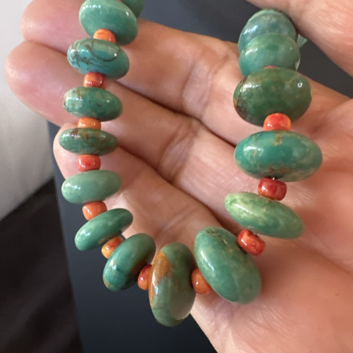 Green Turquoise Spiny Navajo Pearls Sterling Silver Necklace 26” 19682