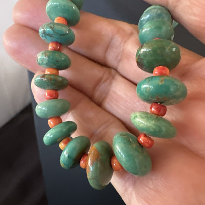Green Turquoise Spiny Navajo Pearls Sterling Silver Necklace 26” 19682