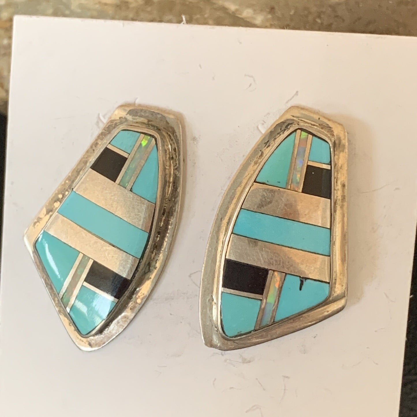 Turquoise & Onyx Inlay Zuni Sterling Silver Old Pawn Earrings 2042
