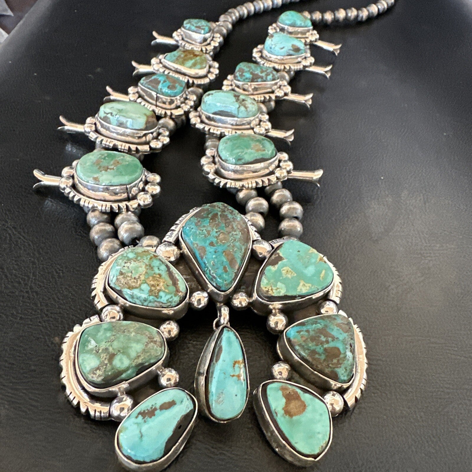 Green Royston Turquoise Navajo Squash Sterling Silver Naja Necklace 18236