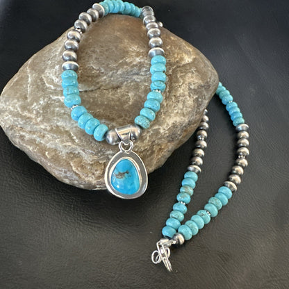 WoMens Blue Kingman Turquoise Pendant Navajo Sterling Silver Necklace 21" 17977