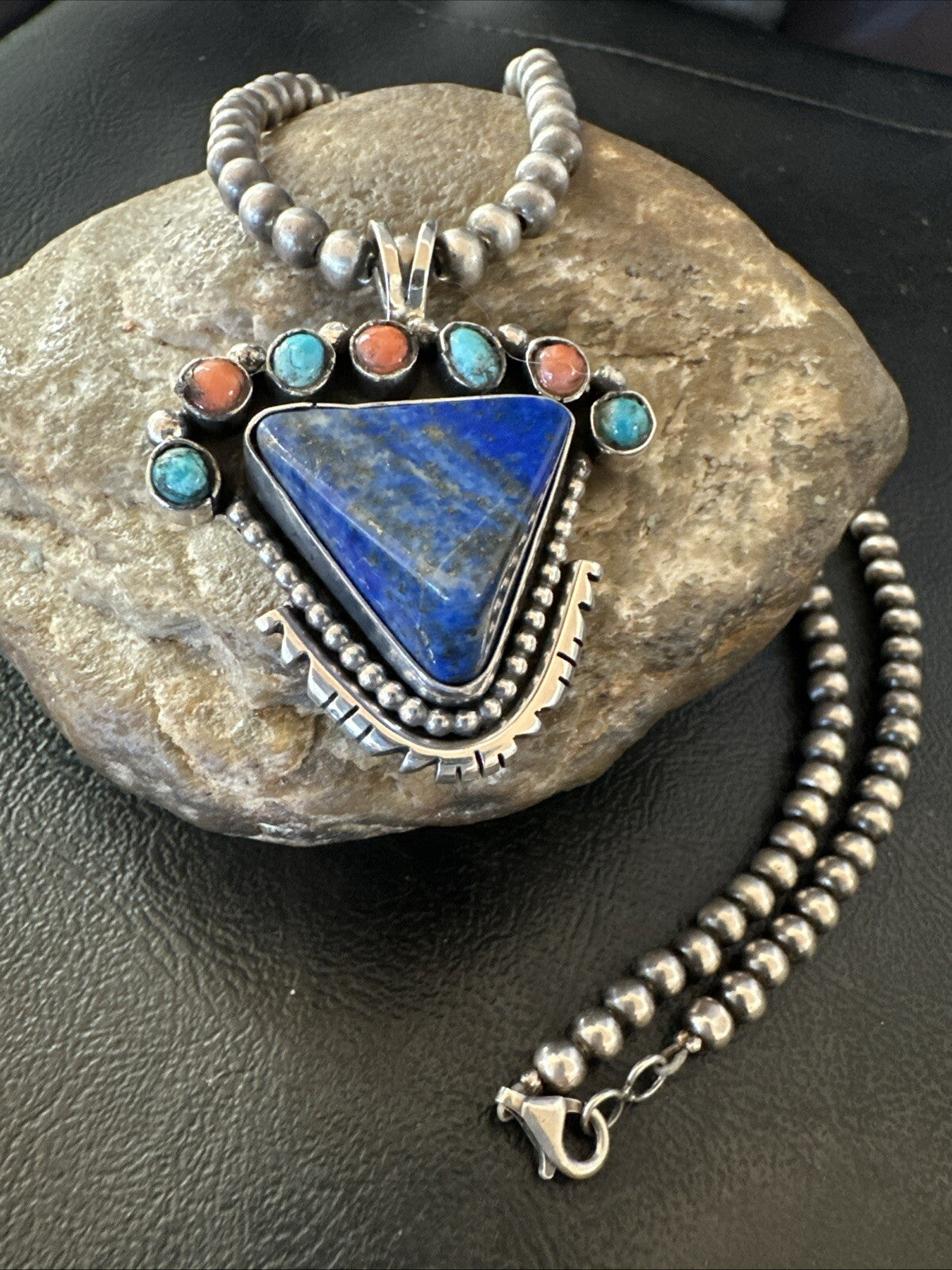 Blue Lapis Cluster Pendant Navajo Sterling Silver Beads Necklace 20" 18753