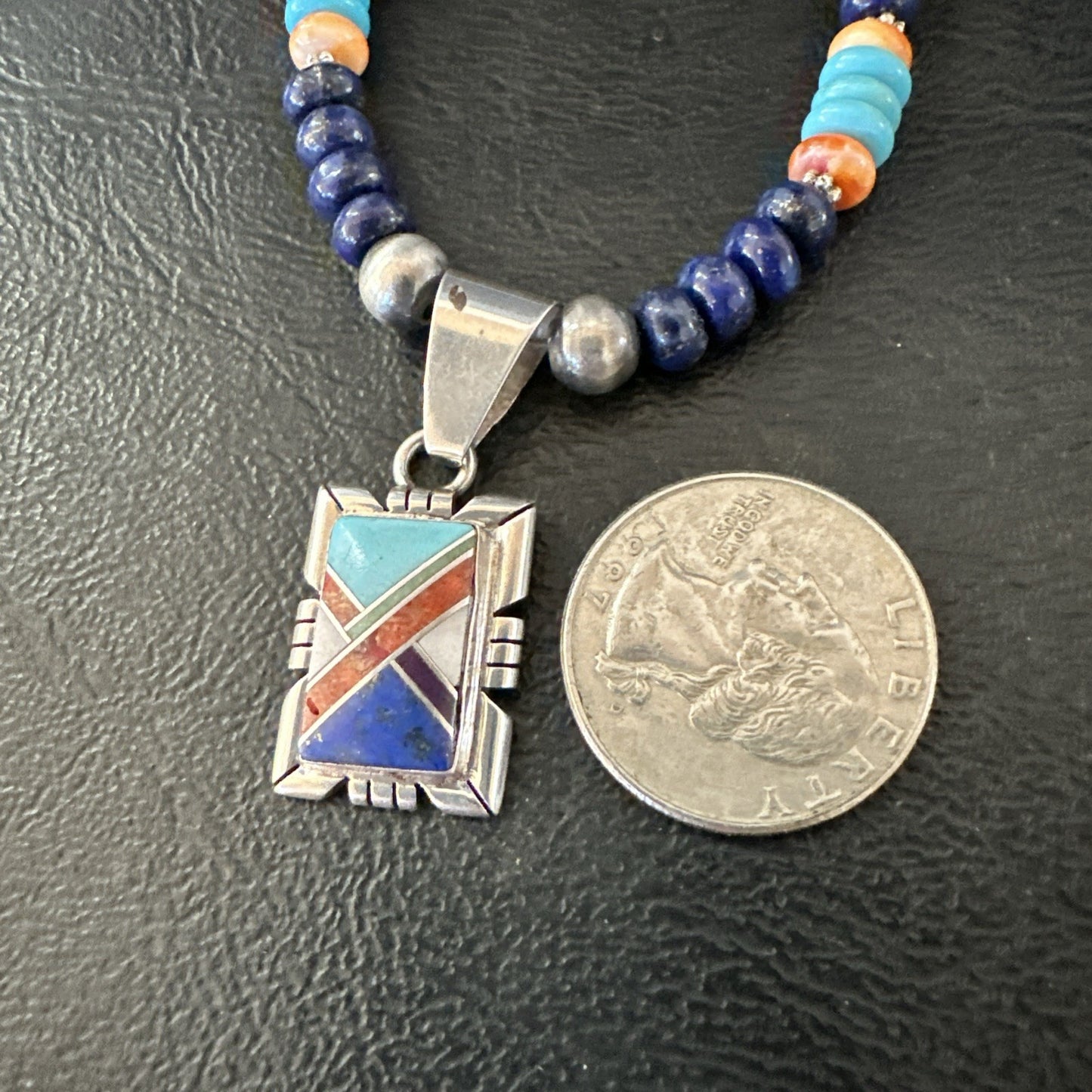 Multicolor Turquoise Coral Navajo Sterling Silver Inlay Pendant Necklace 19651