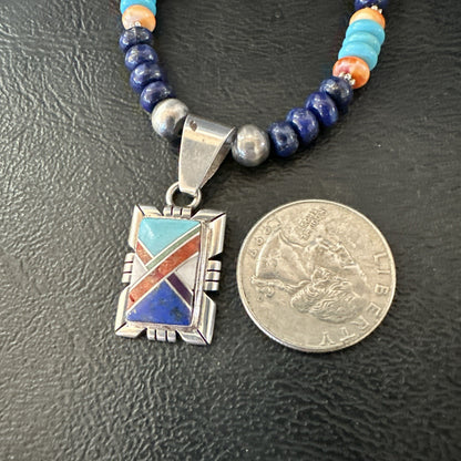 Multicolor Turquoise Coral Navajo Sterling Silver Inlay Pendant Necklace 19651