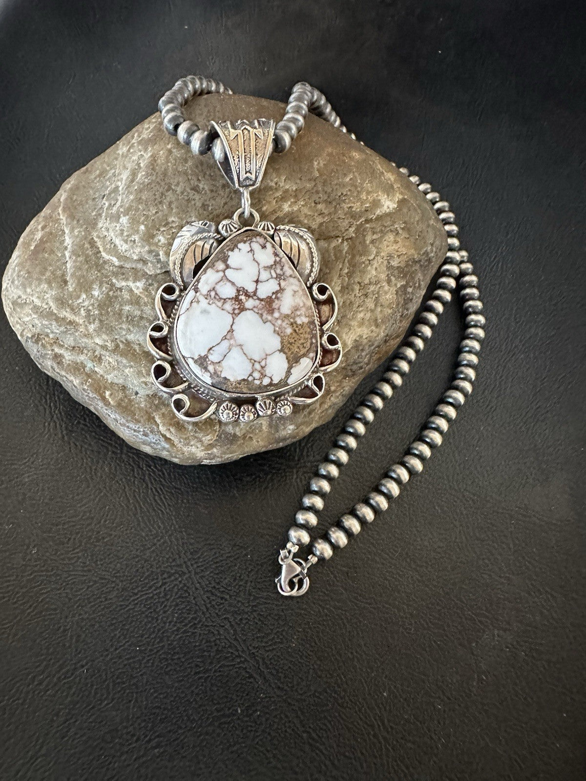 Navajo Pearls Sterling Silver Wild Crazy Horse Turquoise Necklace Pendant 19390