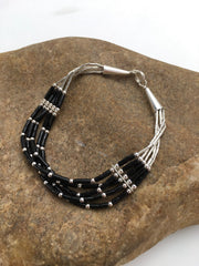 Black Onyx Heishi 5 Strand Southwestern Liquid Bracelet 7" | Sterling Silver | Authentic Native American Handmade | 02932
