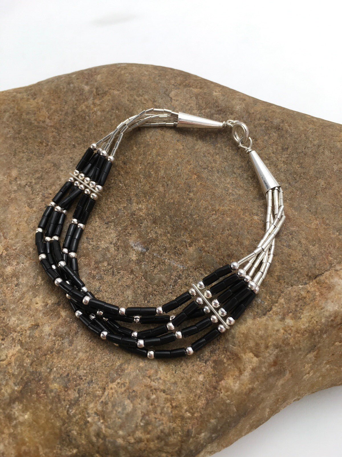 Black Onyx Heishi 5 Strand Southwestern Liquid Sterling Silver Bracelet 7" 02932