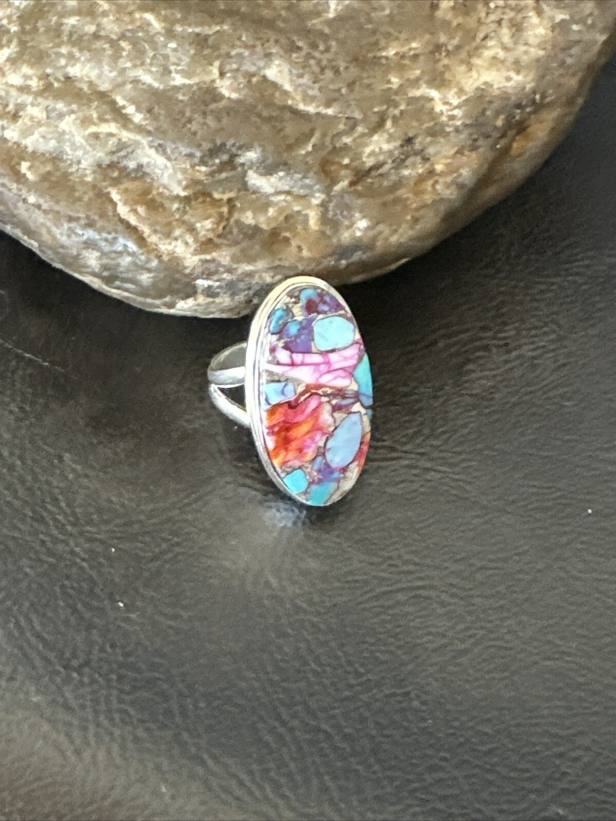 Blue Turquoise Spiny Oyster Southwestern Sterling Silver Ring Size 7 18432