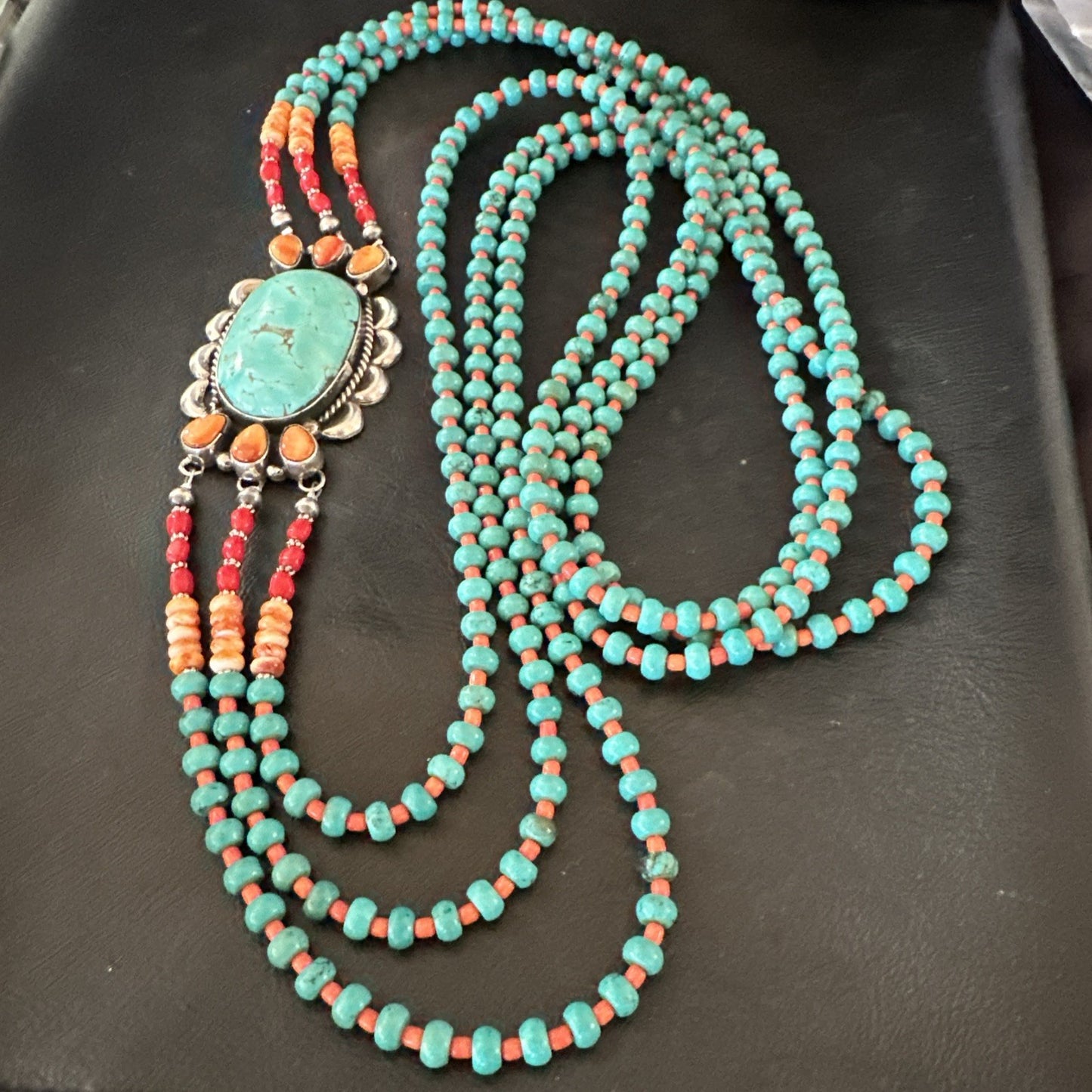 XL Statement Green Turquoise Spiny Navajo 3S Sterling Silver Necklace 34” 19676