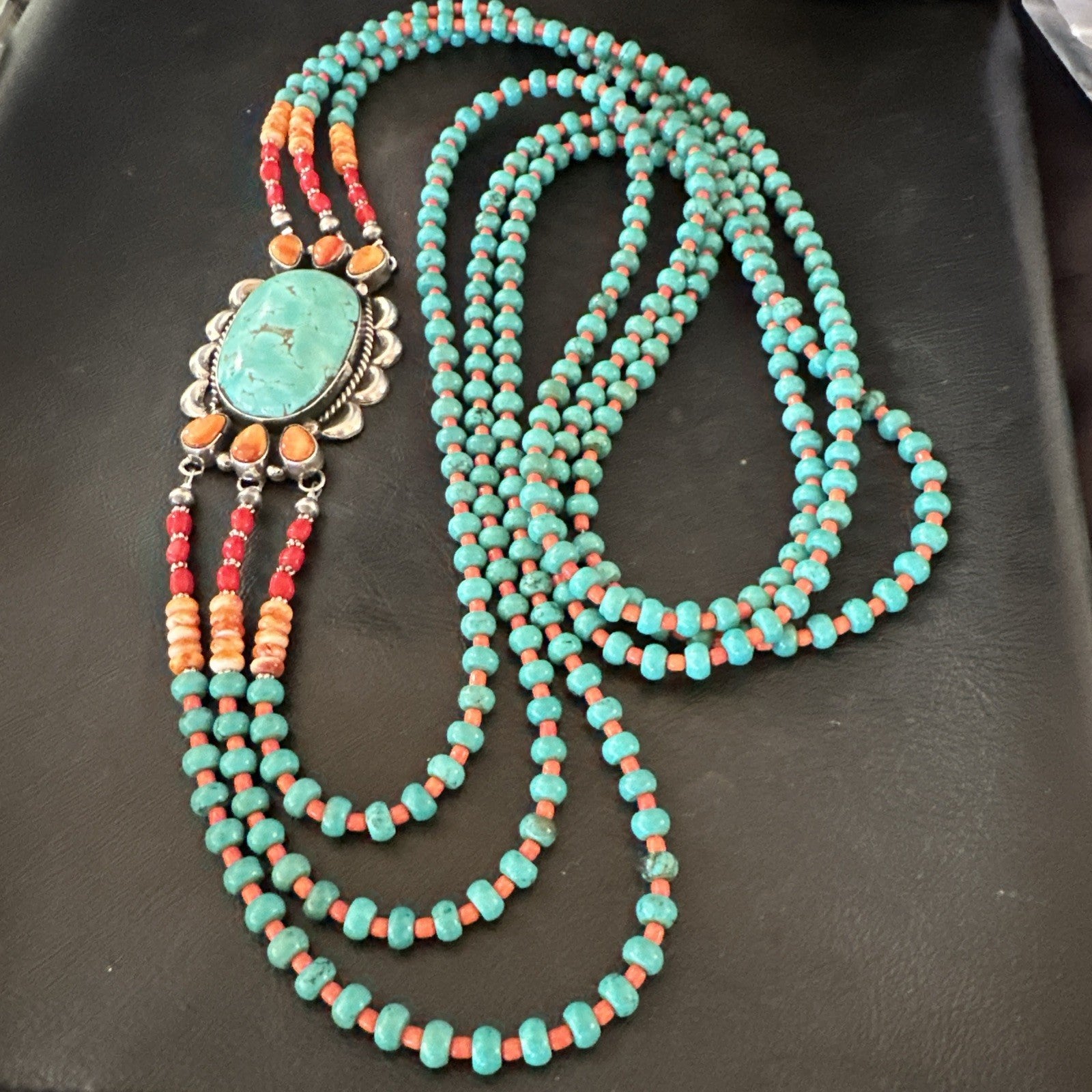 XL Statement Green Turquoise Spiny Navajo 3S Sterling Silver Necklace 34” 19676