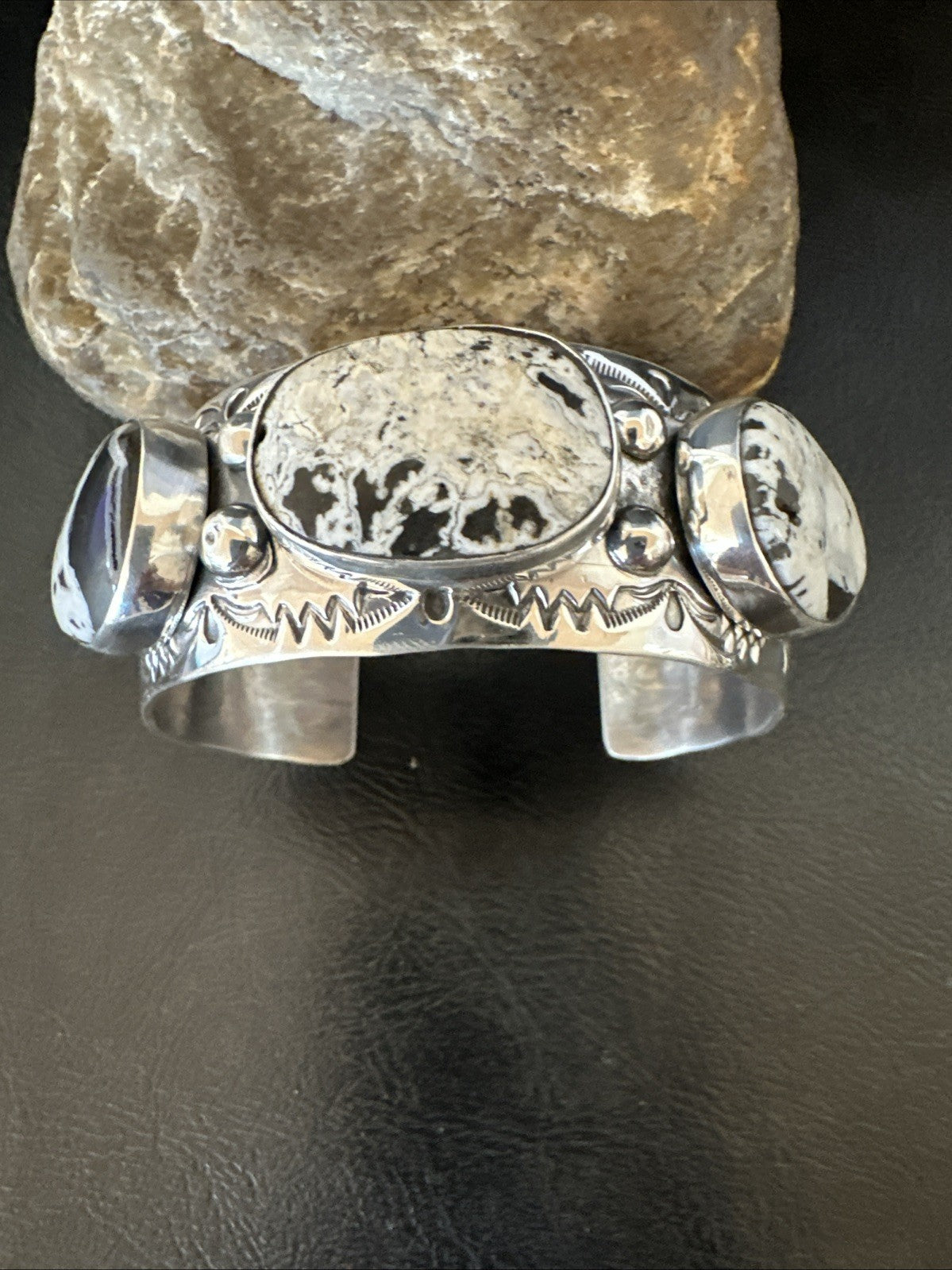 Mens White Buffalo Turquoise Navajo Sterling Silver Cuff Bracelet 7.5" 19428
