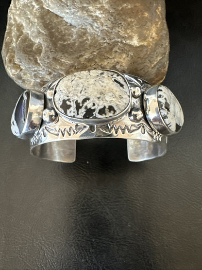 Mens White Buffalo Turquoise Navajo Sterling Silver Cuff Bracelet 7.5" 19428