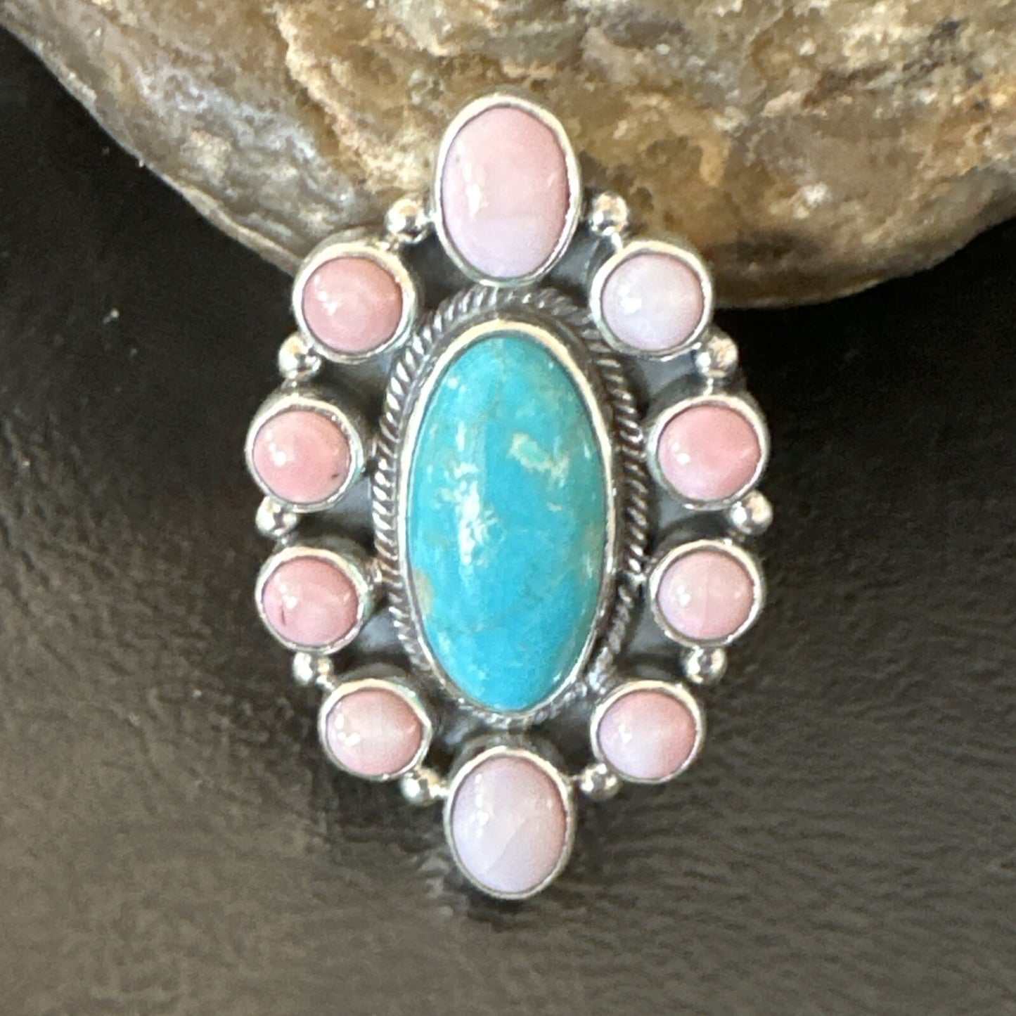 Cluster Ring Handmade Navajo Pink Conch Turquoise Sz 7 18789