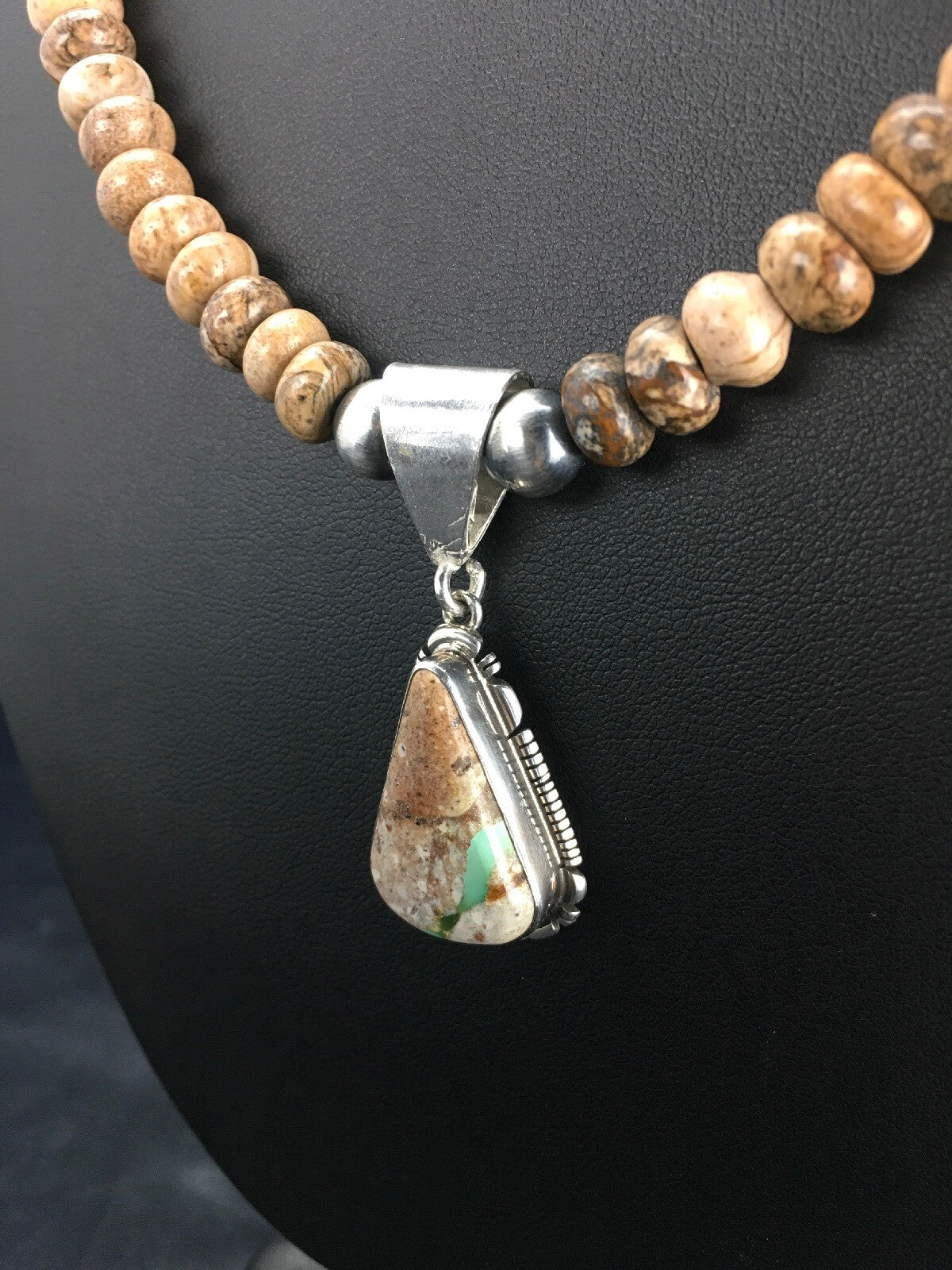 Green Turquoise & Picture Jasper Navajo Sterling Silver Necklace 02611