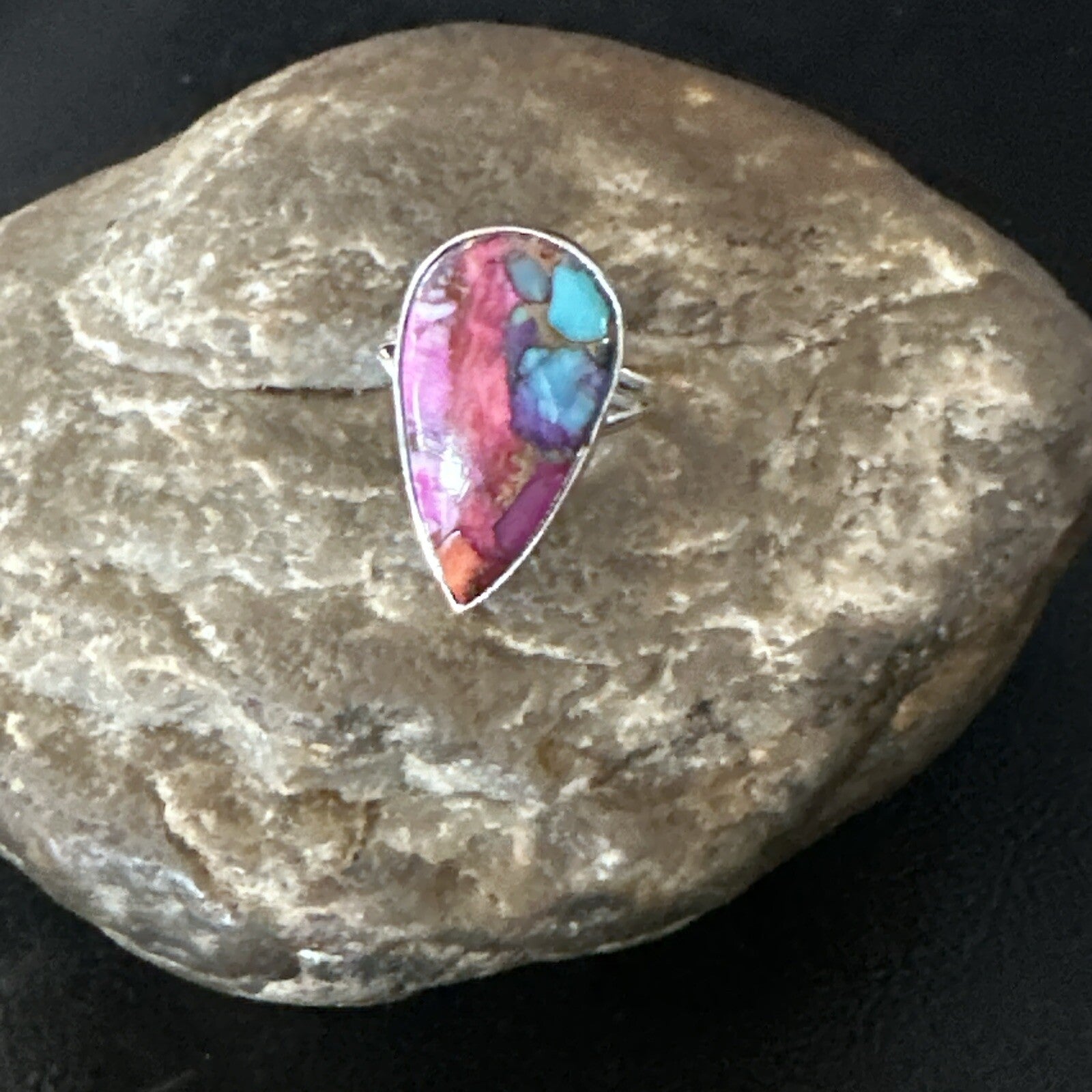 Blue Turquoise Spiny Oyster Southwestern Sterling Silver Ring Size 7 18423