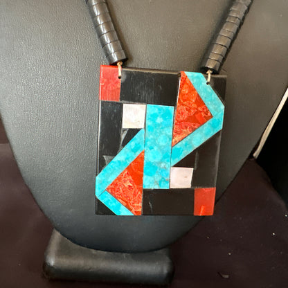 Blue Turquoise Black Onyx Santo Domingo Sterling Silver Necklace 21” 15666