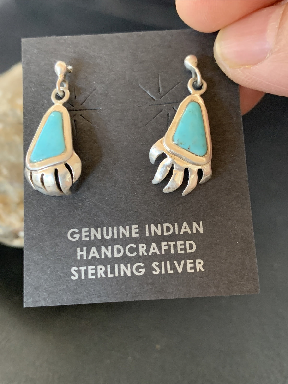 Turquoise BearPaw Inlay Navajo Sterling Silver Dangle Post Earrings 0.50" 12743