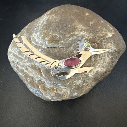 Road Runner Spiny Peridot Navajo Sterling Silver Stamped Pin Brooch 3” 19089