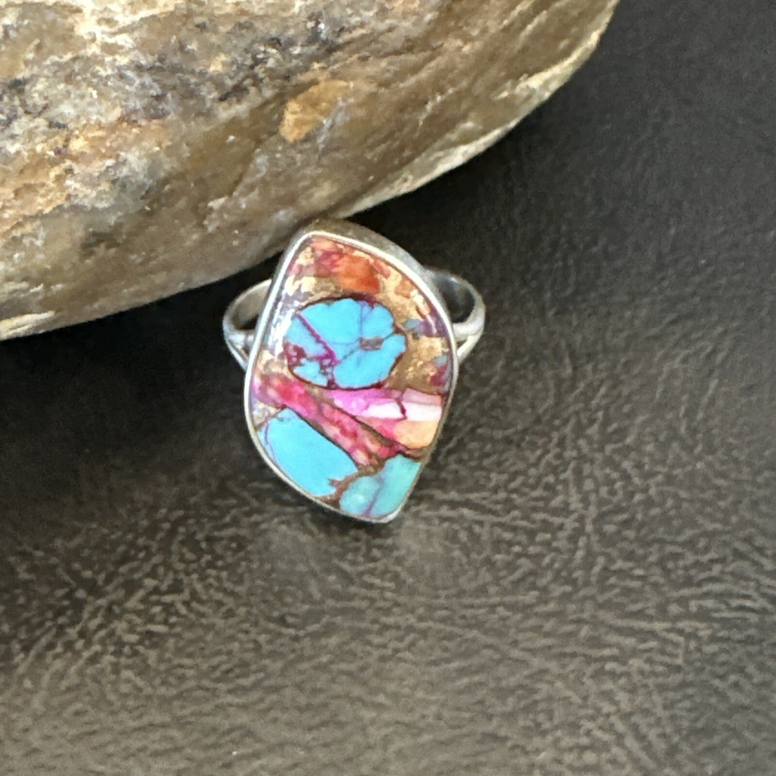Blue Turquoise Spiny Oyster Navajo Sterling Silver Ring Size 7.5 18235