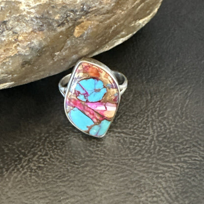 Blue Turquoise Spiny Oyster Navajo Sterling Silver Ring Size 7.5 18235