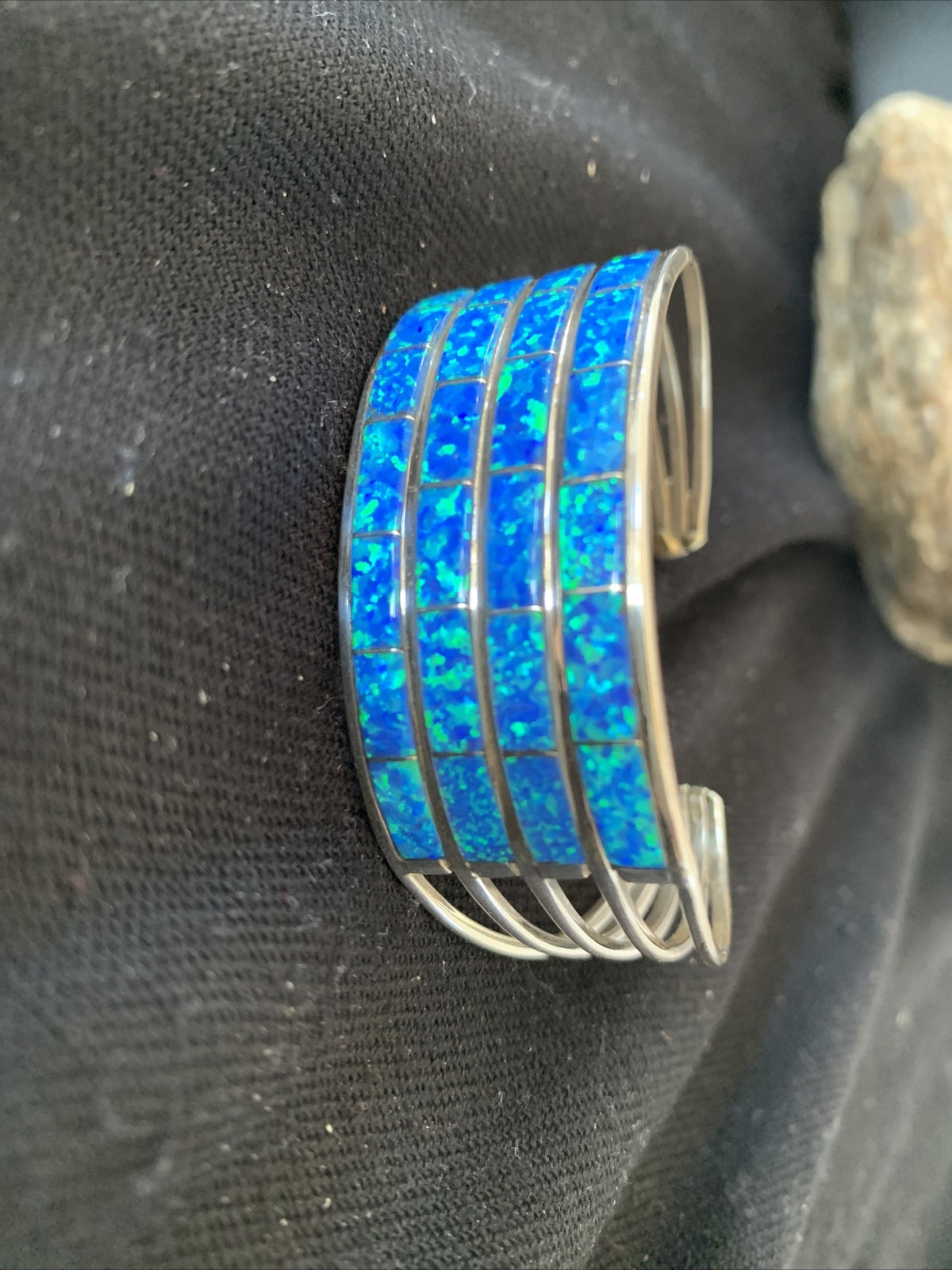 Blue Faux Opal Southwestern Zuni Sterling Silver Cuff Inlay Bracelet 01028