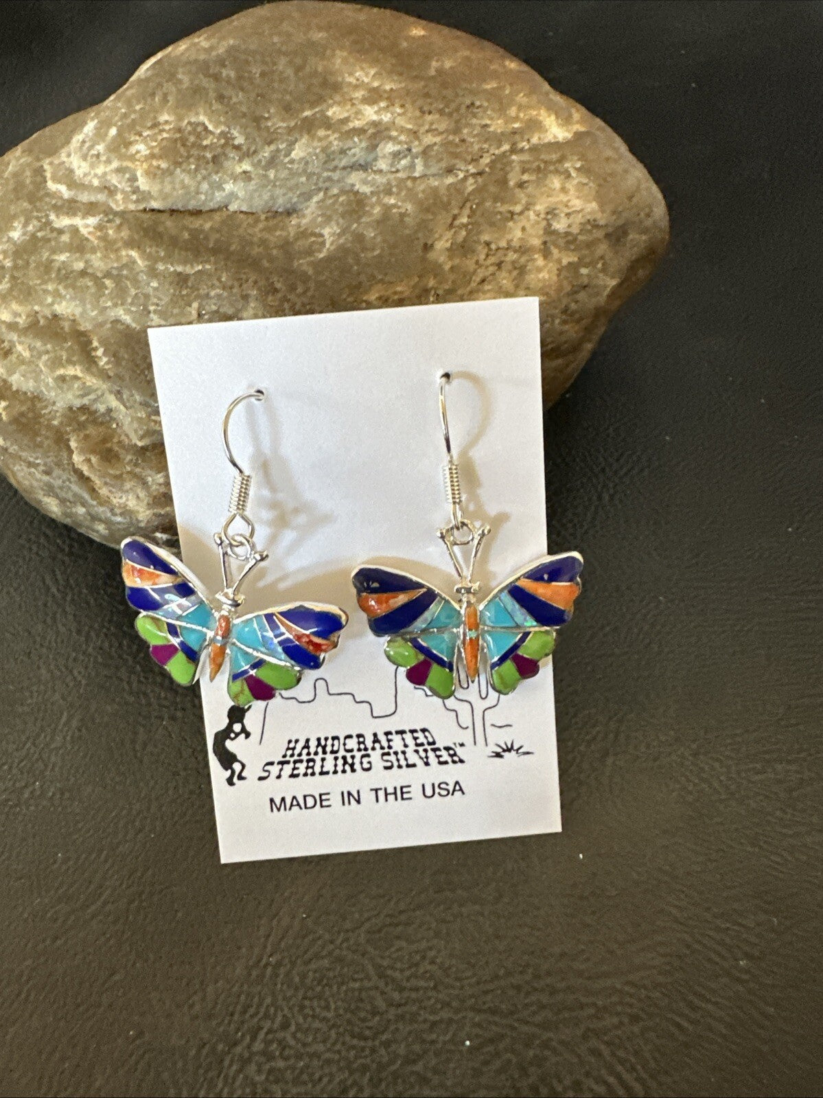 Butterfly Multicolor Spiny Lapis Opal Inlay Sterling Silver Earrings 19141