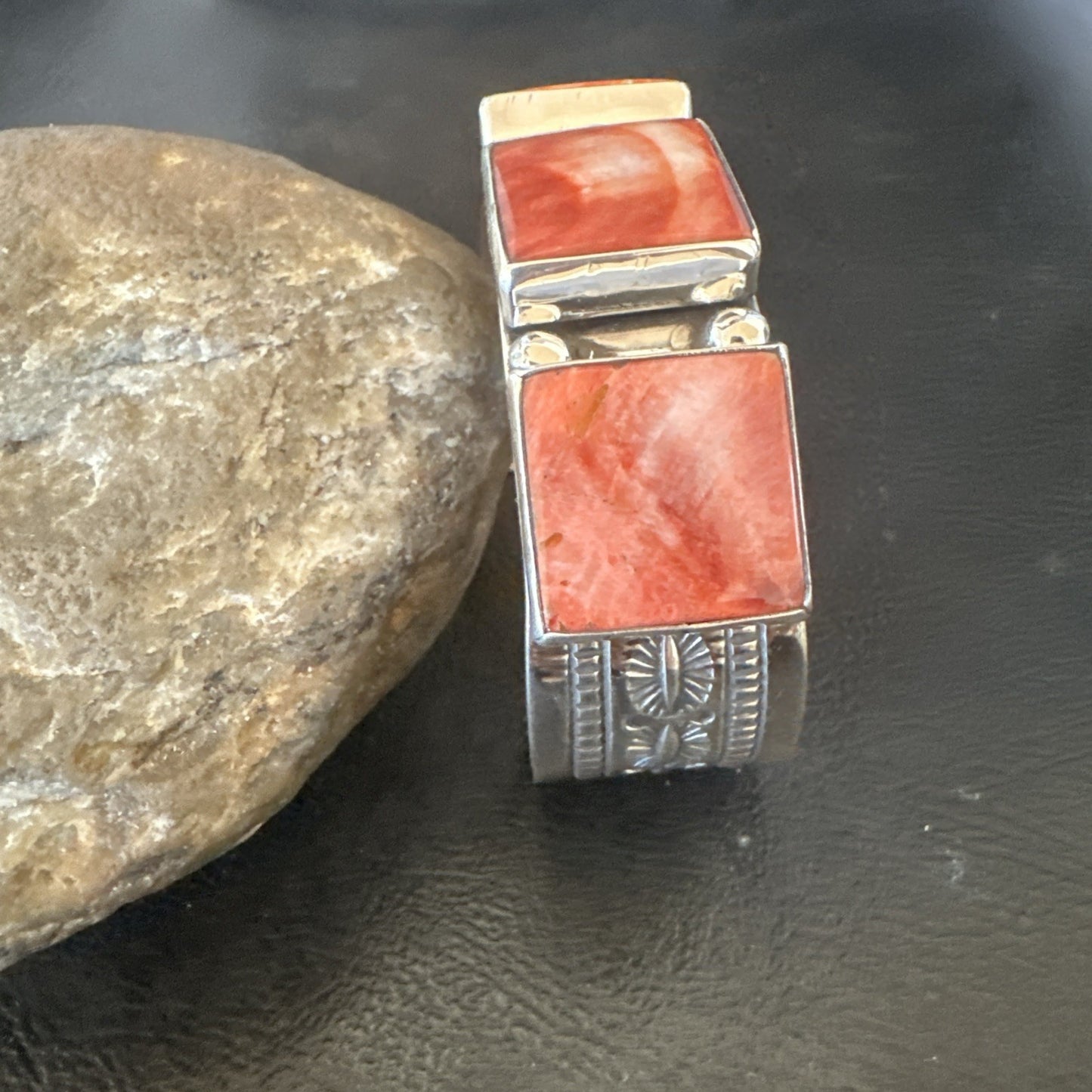 Red Spiny 3 Stone Sterling Silver Navajo Cuff Bracelet 7.7" 19488