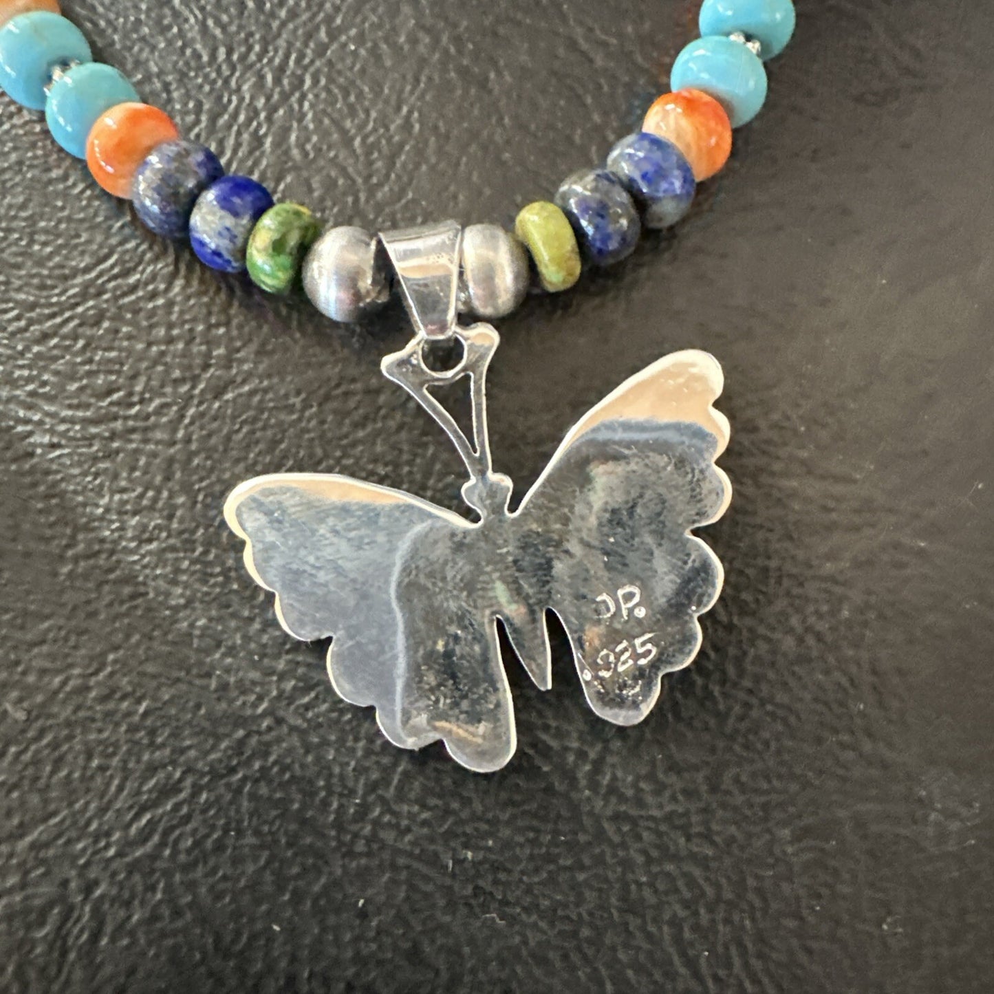 Butterfly Multicolor Turquoise Pendant Navajo Sterling Silver Necklace 18729