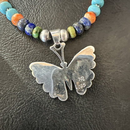 Butterfly Multicolor Turquoise Pendant Navajo Sterling Silver Necklace 18729