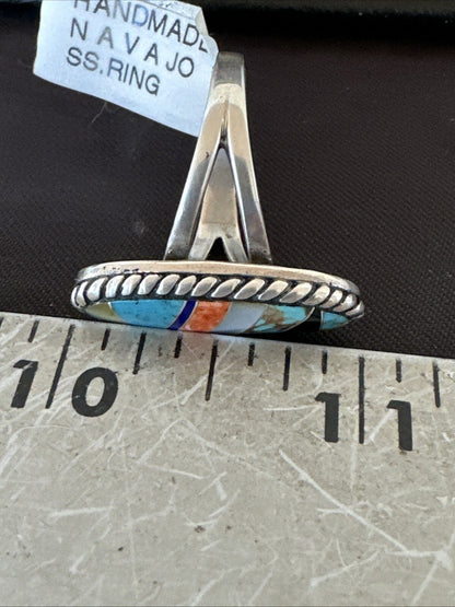 MultiColor Navajo Sterling Turquoise Spiny Oyster Inlay Ring Sz 8.5 18705