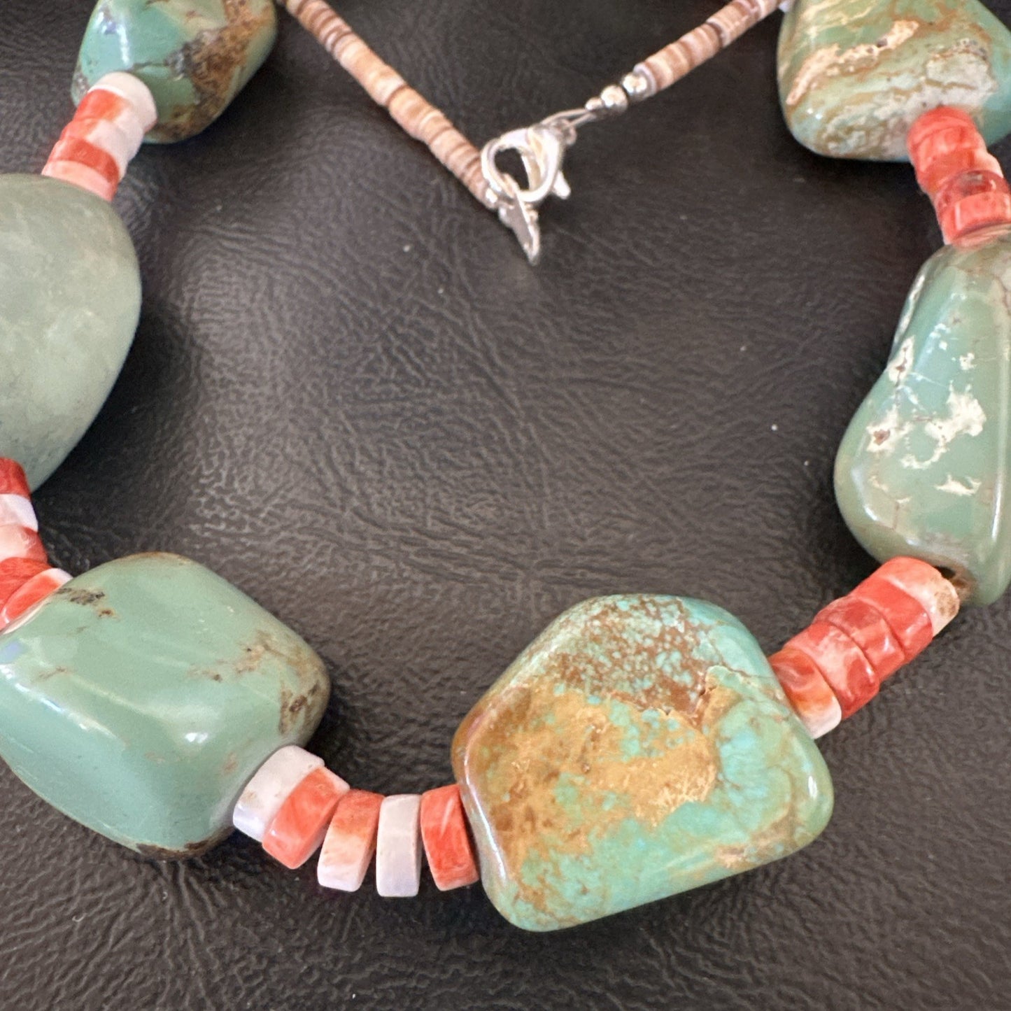 Navajo Green Turquoise Red Spiny Oyster Necklace Sterling 23" 19717