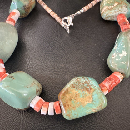 Navajo Green Turquoise Red Spiny Oyster Necklace Sterling 23" 19717