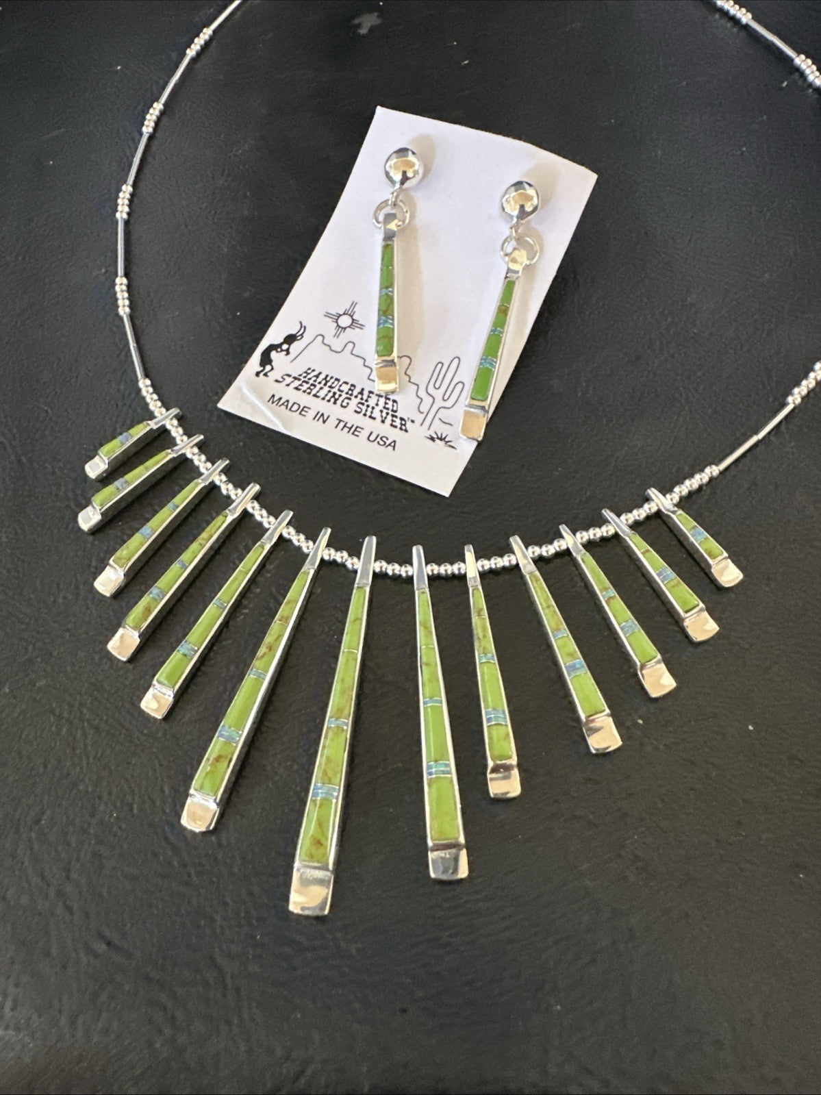 Womens Green Gaspeite Stick Pendant Necklace Earrings Sterling Silver 19151
