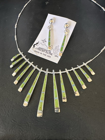 Womens Green Gaspeite Stick Pendant Necklace Earrings Sterling Silver 19151