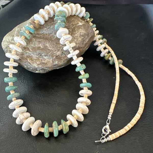 Green Royston Turquoise Shell Santo Domingo Necklace 29" | Sterling Silver | Authentic Native American Handmade | 19681