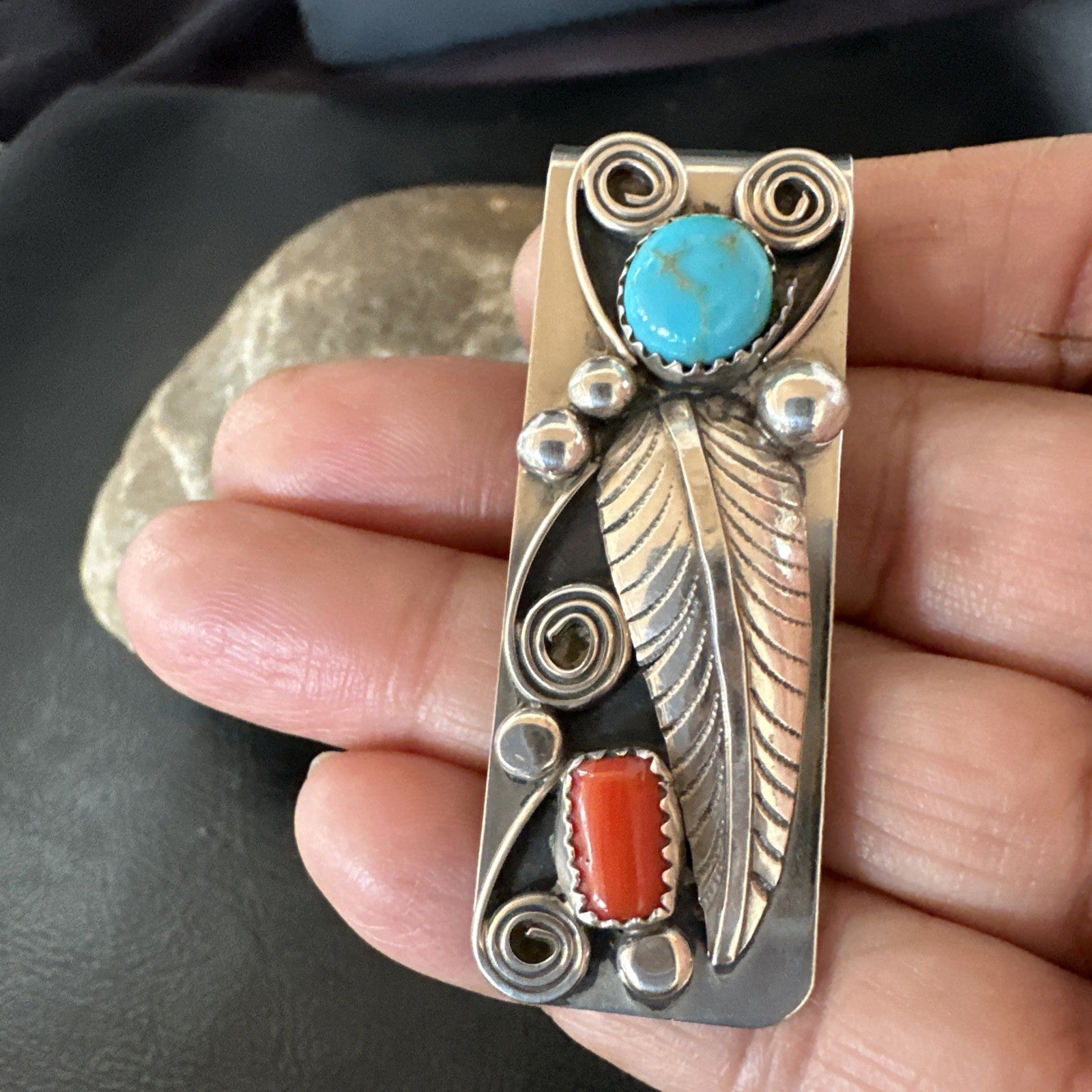 Mens Women Blue Turquoise Coral Navajo Stainless Stamped Silver Money Clip 19736