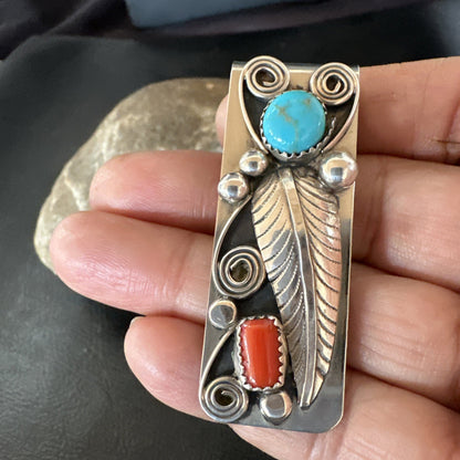 Mens Women Blue Turquoise Coral Navajo Stainless Stamped Silver Money Clip 19736