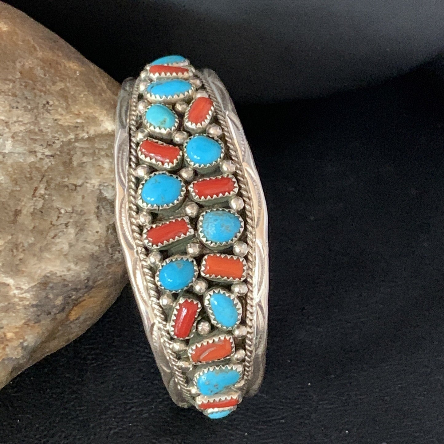 Kingman Turquoise & Red Coral Navajo Sterling Silver Cuff Bracelet 14217