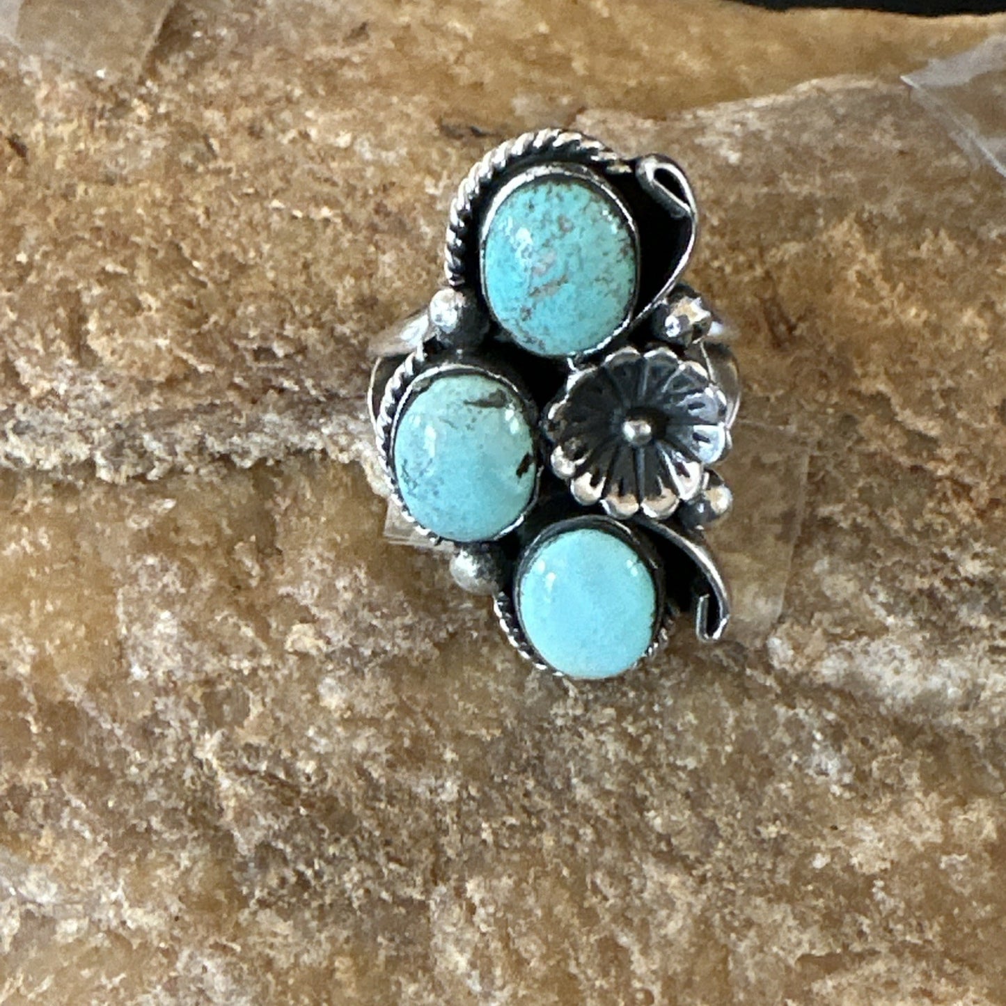Yazzie Ring Blue Turquoise Navajo Sterling Silver Cluster Size 10 19218