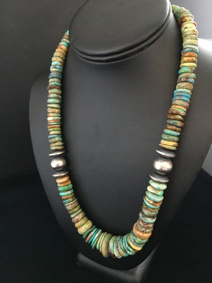 Mens Green Turquoise Graduated Navajo Sterling Silver Necklace 20" 01750