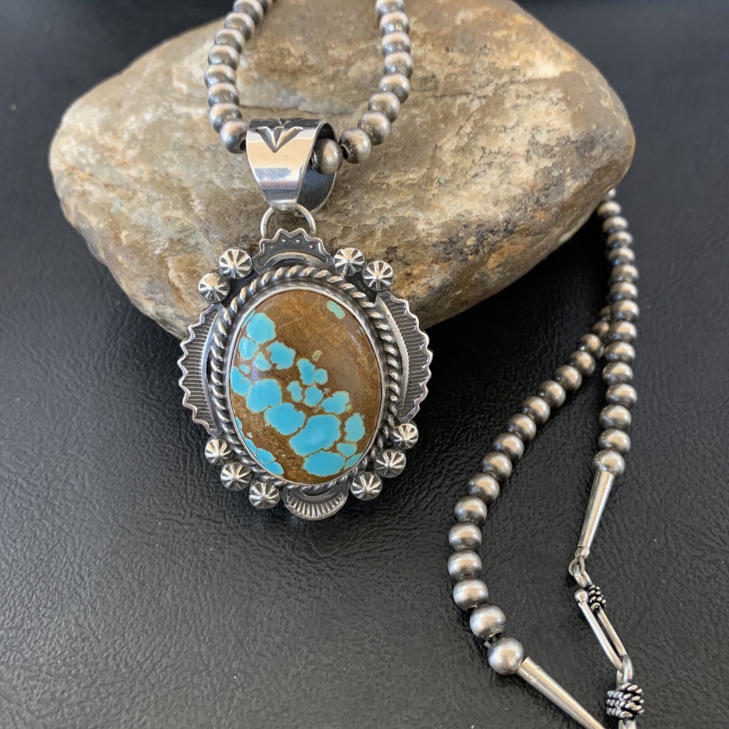 Mens Blue Turquoise #8 Pendant Navajo Pearls Sterling Silver Necklace 10866